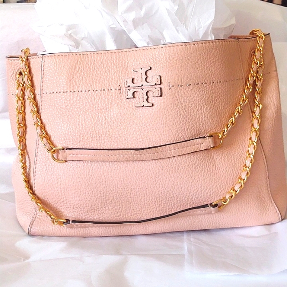 Tory Burch Vintage Salmon 🛍️ Gold 🪙 HW Braids Pebbled Leather Tote - Picture 10 of 16